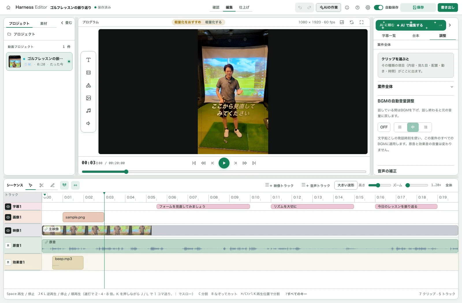 Harness Editor の編集画面（タイムラインとプレビュー）